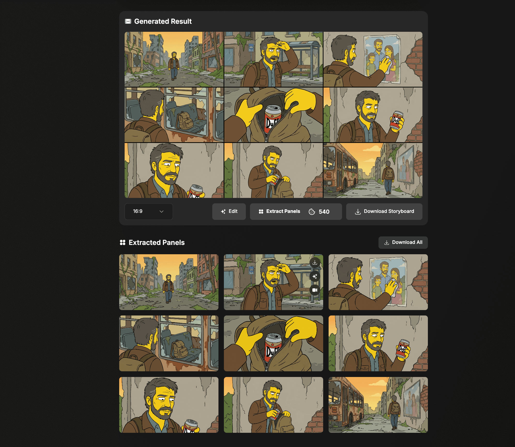 Cinema storyboard result showing extracted panels with consistent style